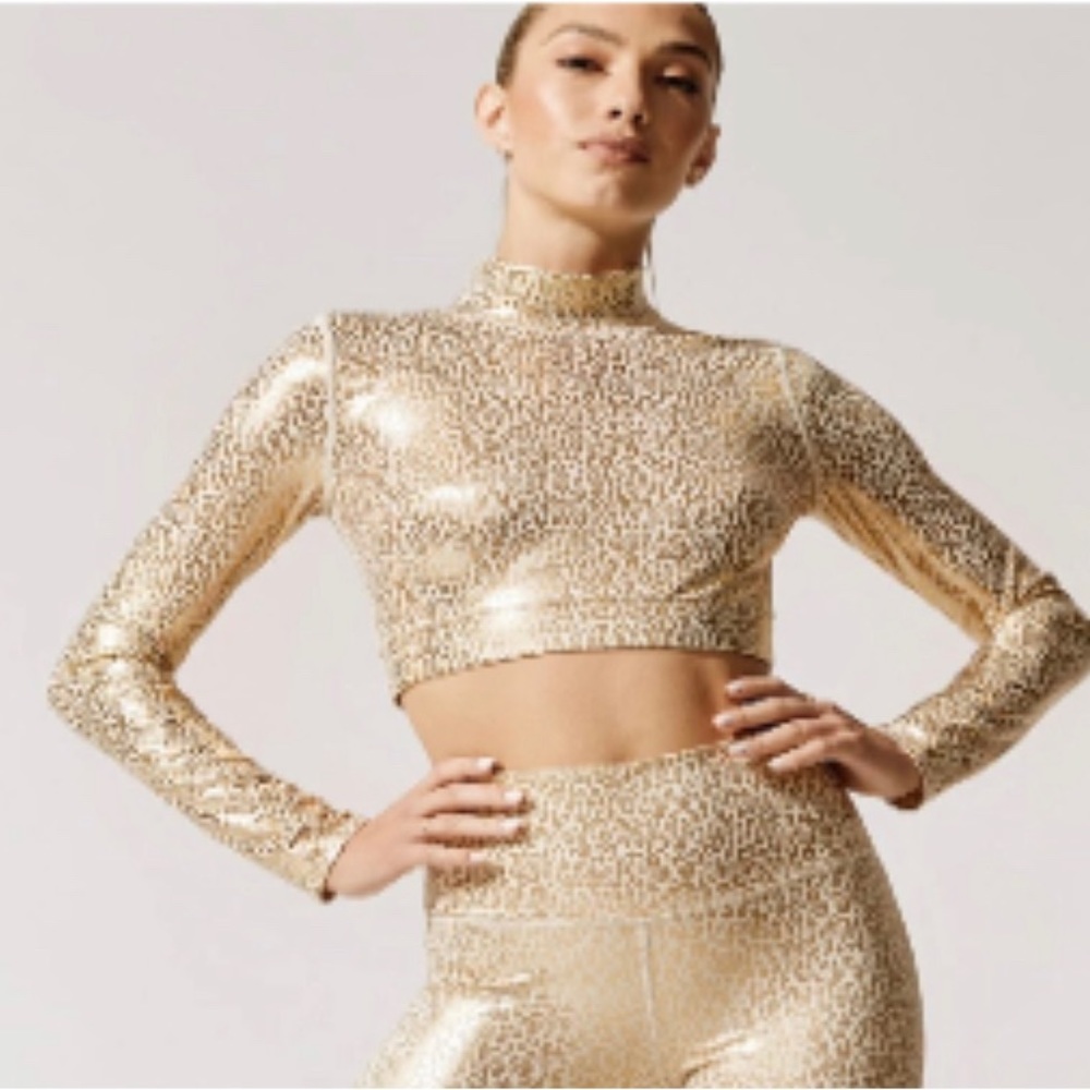 Carbon38 Mini Leopard Long Sleeve Mock Neck Top Gold -Large